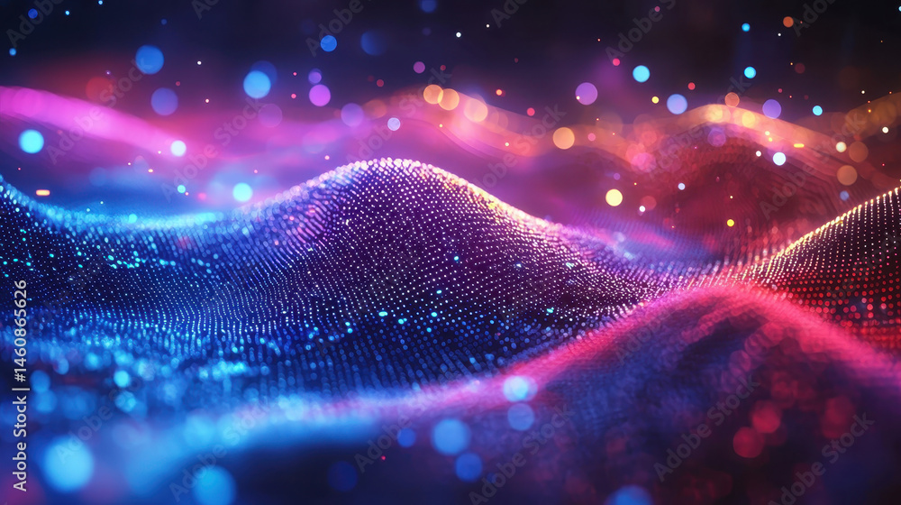 Poster realistic 4k background with abstract 3d sound wave representation in side view, featu glowing parti