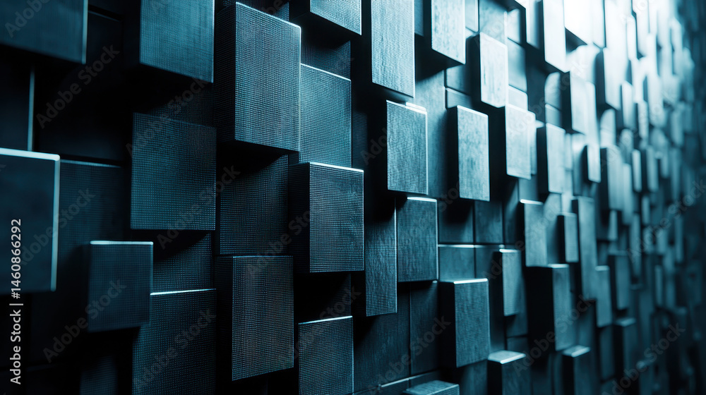 Poster realistic 4k 3d background features a dynamic array of cubes with sound technology implications, cap