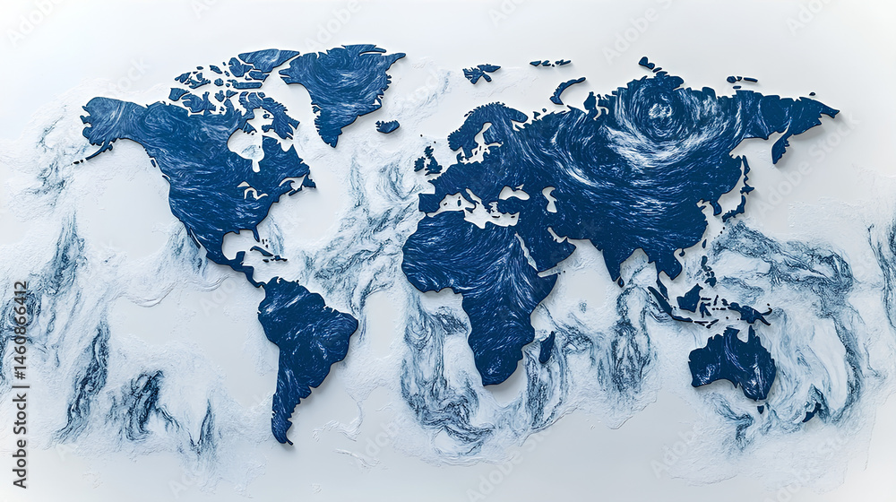 Poster a deep blue world map with outlined countries emphasizes geographical boundaries, blending modern de