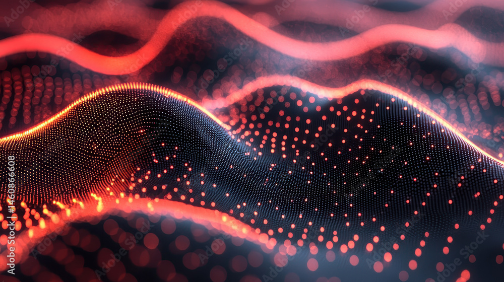 Poster realistic 4k visualization of 3d sound waves dynamically forming abstract patterns in a dark backgro