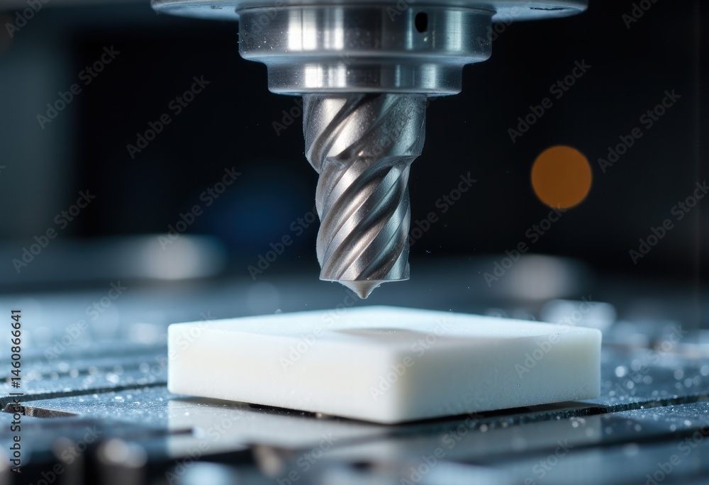 Poster precision milling machine cutting a white block of material in a workshop