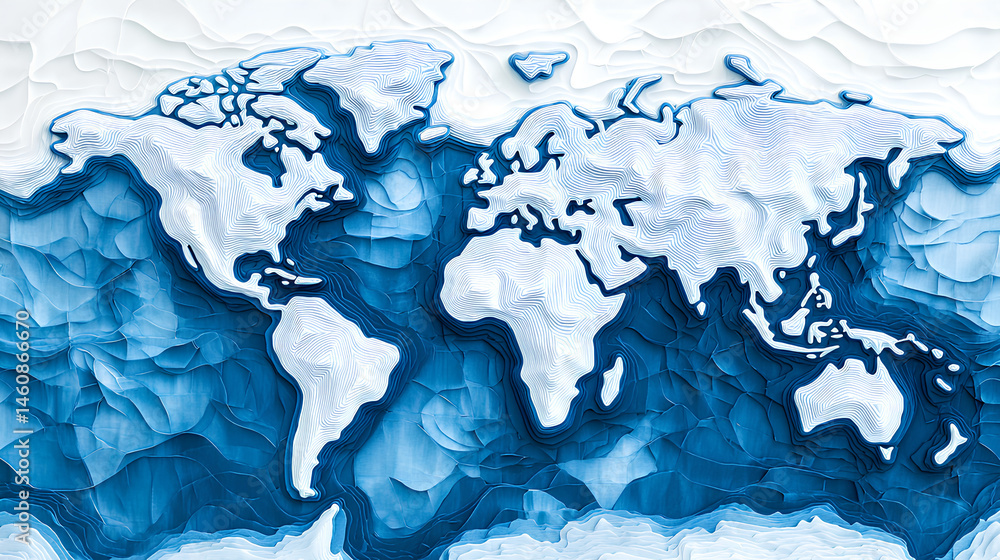 Poster a deep blue world map with outlined countries emphasizes geographical boundaries, blending modern de