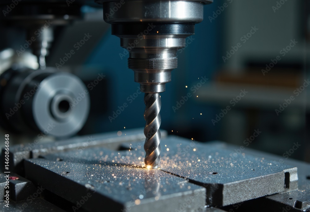 Poster close-up of a drill bit creating sparks during metal machining process