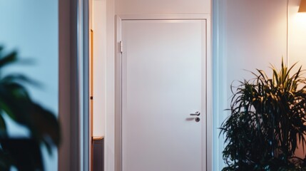 Empty hallway with white door and plant