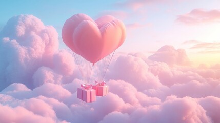 Fototapeta premium A Box flying on a parachute with pink cloud in valentine day,package flying down from sky and cloud with parachute, concept for delivery service,shopping online,air delivery service.