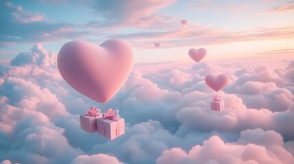 Fototapeta premium A Box flying on a parachute with pink cloud in valentine day,package flying down from sky and cloud with parachute, concept for delivery service,shopping online,air delivery service.