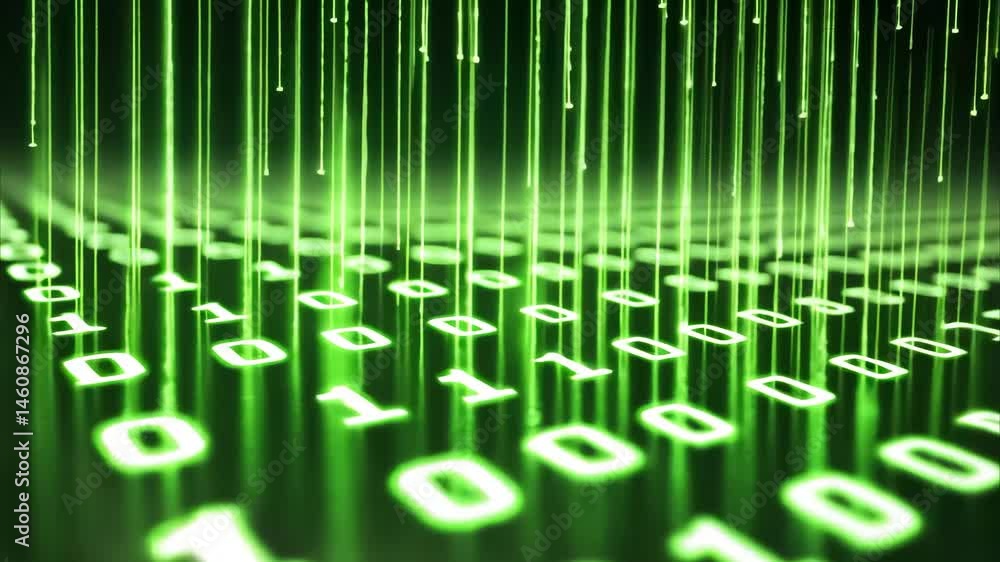 Poster Green binary computer code flowing in a digital space with matrix-like atmosphere, Digital binary computer code appears 3D render