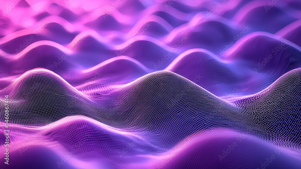 Poster a realistic 4k 3d background of shimme sound waves flows smoothly with a side angle view, creating a