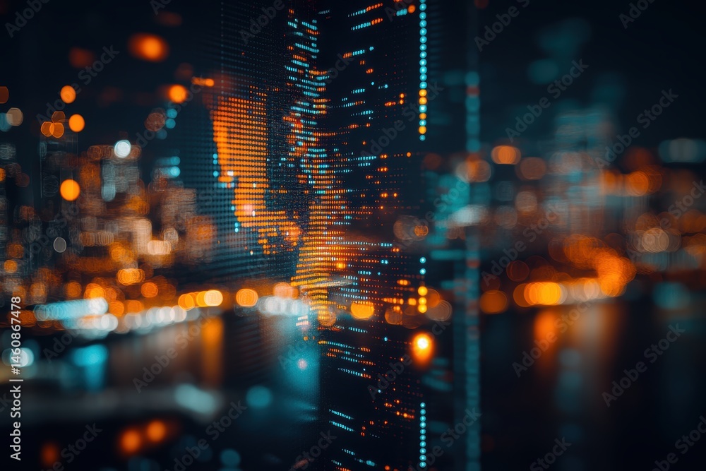 Poster abstract data visualization in city at night; glowing digital screen displays information with bokeh