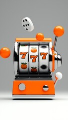 Orange slot machine with spinning reels and dice