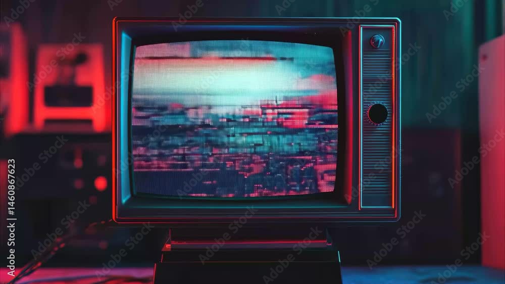 Poster Television static display in retro style setting with atmospheric lighting effects, Television Static Signal Shot