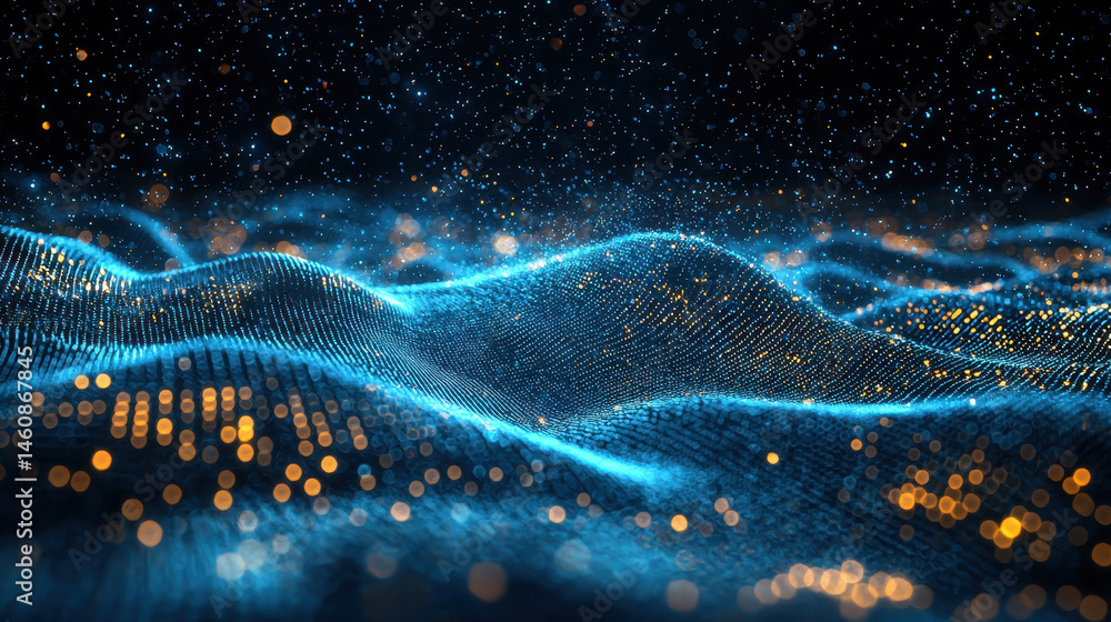 Poster side angle realistic 4k 3d background with sound waves and glitte particles creating an abstract fut