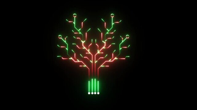 Glowing Outline Tree Animation. Abstract digital dot line particle data background connecting technology concept 3d Circuit Board .