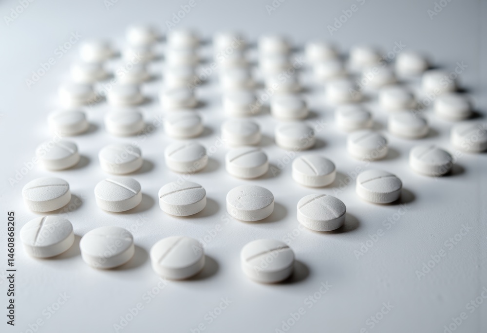 Poster white pills arranged in a neat grid pattern on a clean surface