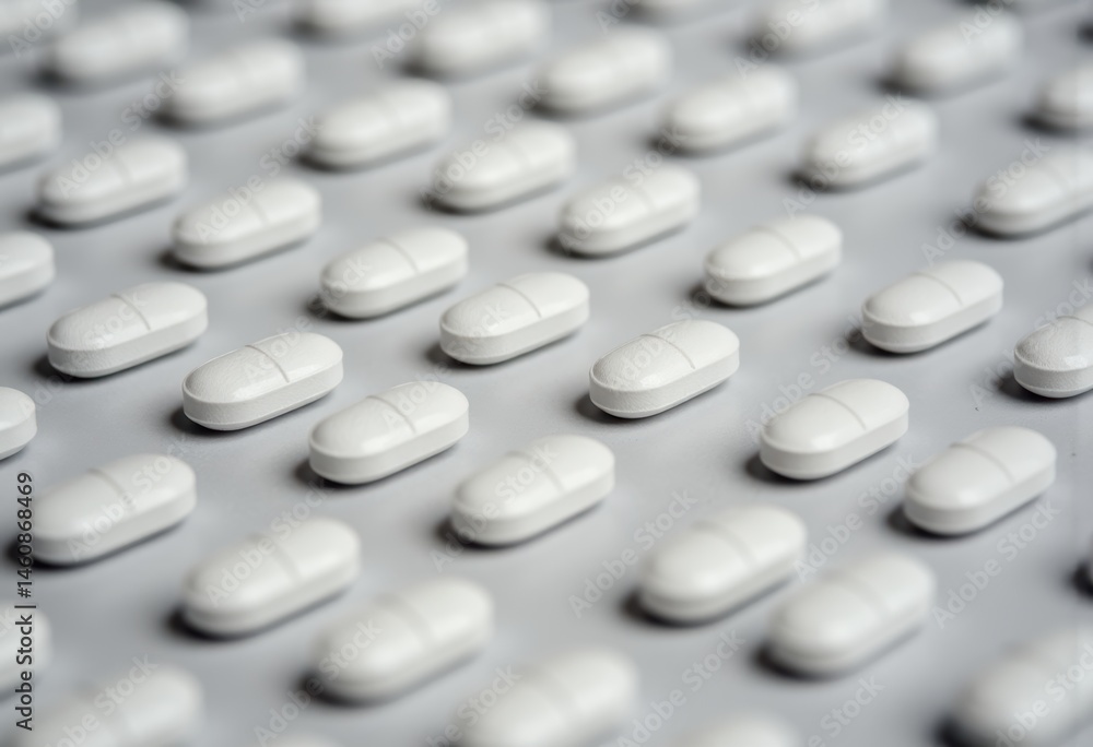 Poster close-up of white pills arranged in a uniform pattern on a surface