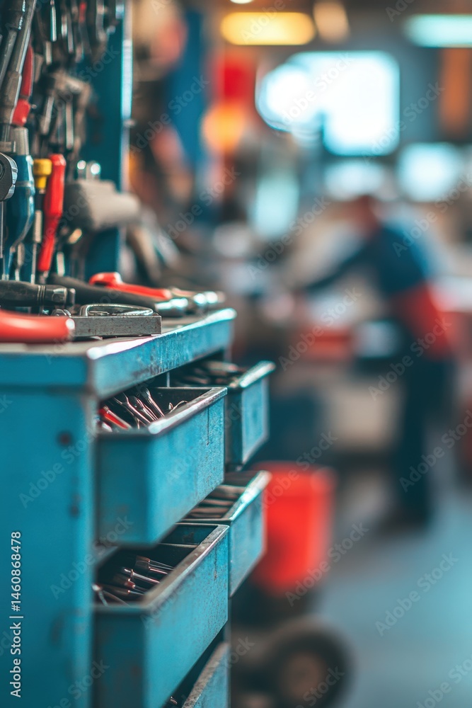 Aufkleber close up of blue metal toolbox with tools in drawers in workshop with blurred mechanic in background