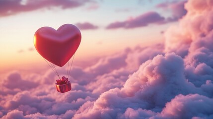 Fototapeta premium A Box flying on a parachute with pink cloud in valentine day,package flying down from sky and cloud with parachute, concept for delivery service,shopping online,air delivery service.