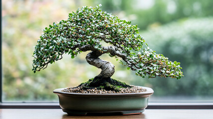 A meticulously crafted bonsai tree, showcasing a sculpted form and vibrant foliage.  The miniature tree, with its winding trunk and dense leaves, sits attractively in a shallow pot