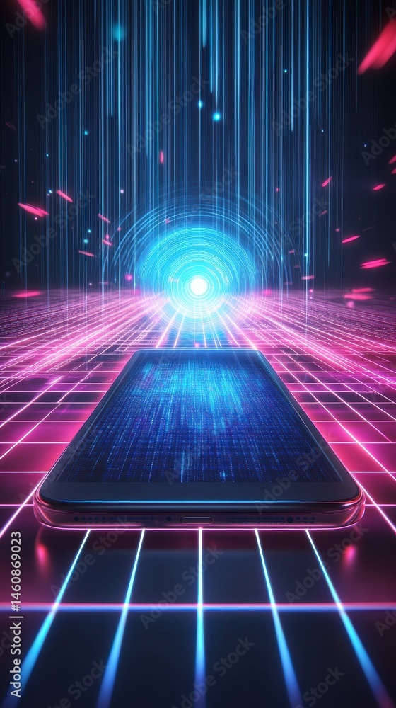 Poster smartphone on neon grid with data stream futuristic tech close up digital age innovation concept