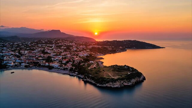Experience the vibrant sunset over the stunning Mizithres island in Zakynthos Greece, Zakynthos Greece sunset aerial view Mizithres island of Keri cape