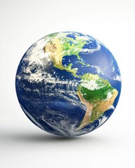 Fototapeta premium Earth globe rotating against white background showing North and South America with cloud cover from a high angle