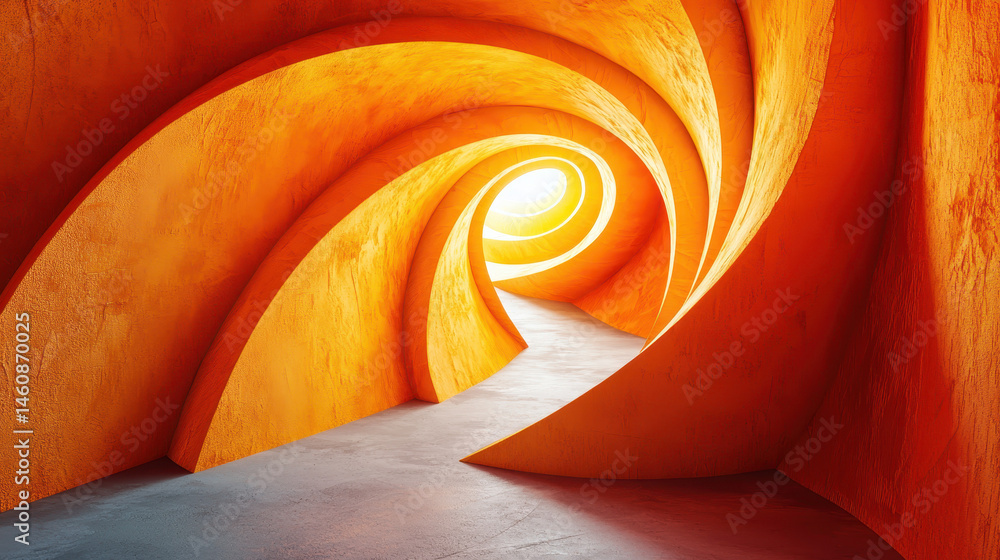 Poster a realistic 4k side view of a vibrant orange 3d spiraled tunnel visual background showcasing depth a