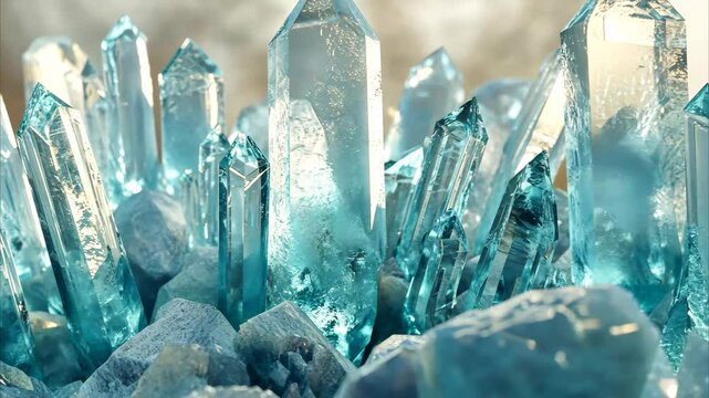 Spinning display of raw aquamarine crystals with a serene background, Druse of aquamarine raw crystals is spinning 3D render seamless