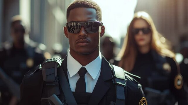 Man in a black suit and sunglasses stands in front of a group of police officers. Scene is serious and authoritative