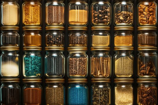 Assortment of Spices and Herbs in Glass Jars Close Up Still Life Culinary Ingredient Collection