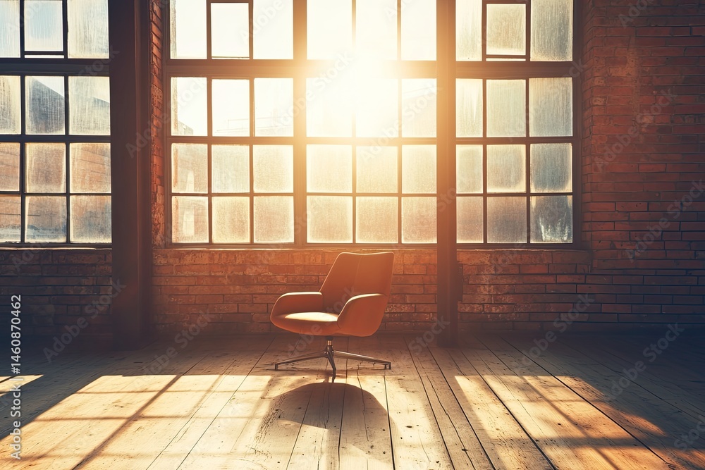 Poster modern minimalist interior design with a single chair. sunlight streams through large windows into a