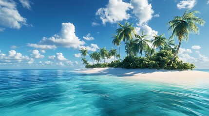 Lush tropical island paradise on azure water.