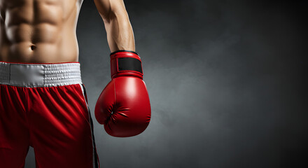 A ripped arm decked out in red boxing gloves and red boxing shorts hangs in the air, rocking a white waistband