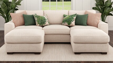 Fototapeta premium Comfortable beige sectional sofa with decorative cushions and green plants in a bright living room
