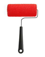 Obraz premium Red paint roller with black plastic handle, isolated on a transparent background