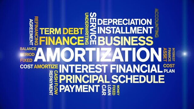 Amortization animated word cloud;text design animation tag kinetic typography seamless loop.