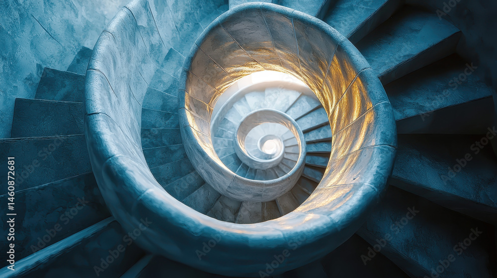 Poster a 3d rende of a spiral staircase shows an artistic realistic side angle view of the unique architect
