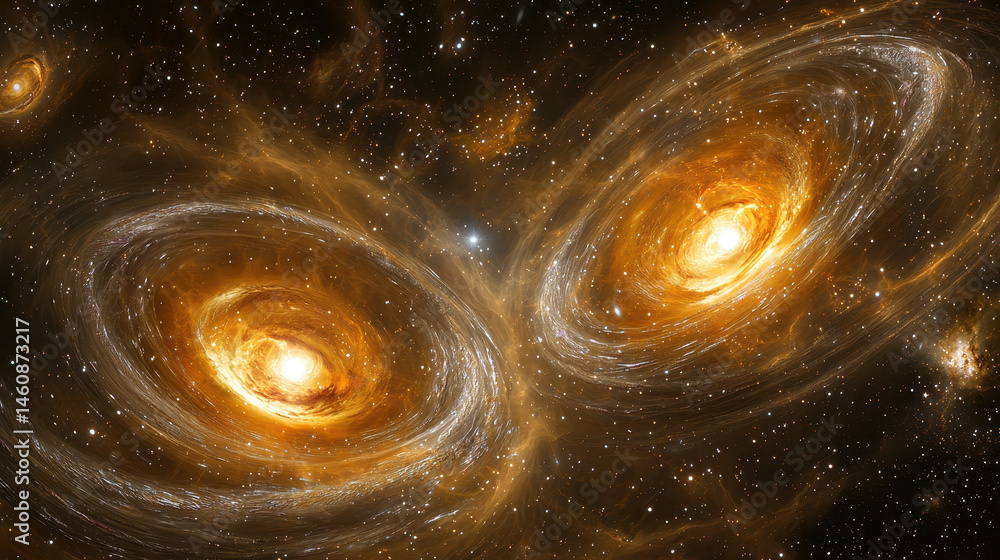 Poster a realistic 3d rende in 4k of two spiral galaxies colliding side angle, creating a dynamic and visua
