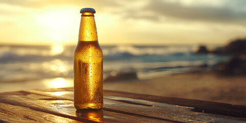 Chilled Beer Bottle on Wooden Table at Sunset Near Water