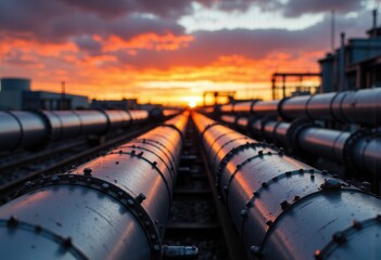Naklejka premium Industrial pipelines stretching towards a vibrant sunset sky