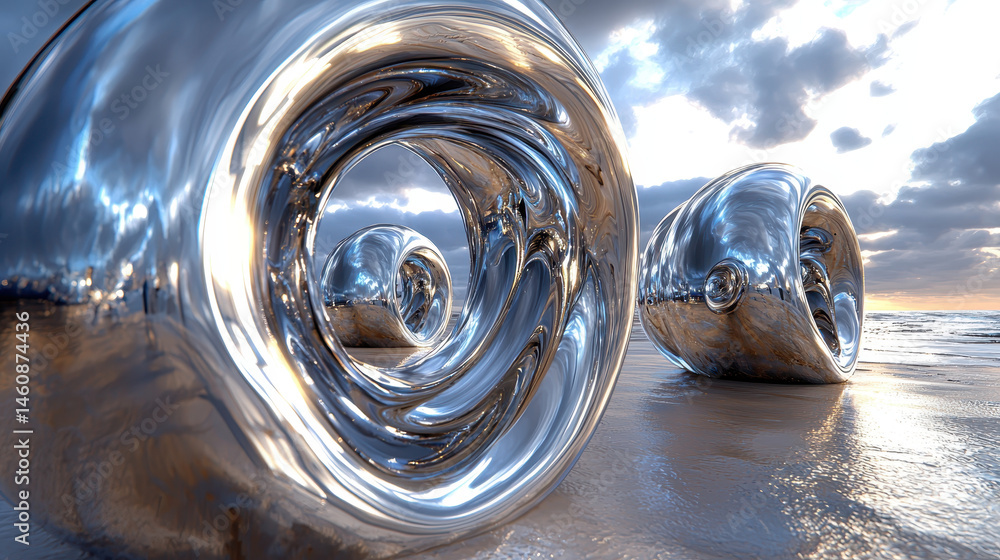 Poster a 4k 3d background showcases spiral reflections from realistic metallic structures dynamically arran