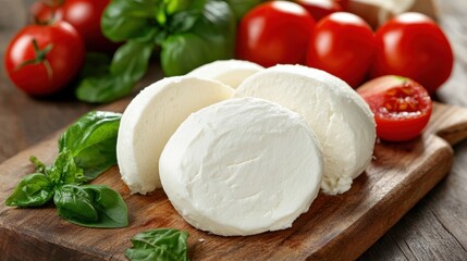 Fresh Mozzarella Cheese Balls with Ripe Tomatoes and Basil Leaves on Wooden Board Close Up Still Life