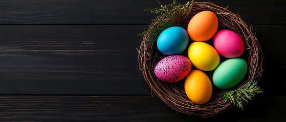 Obraz premium Colorful Easter eggs in a nest on dark wood