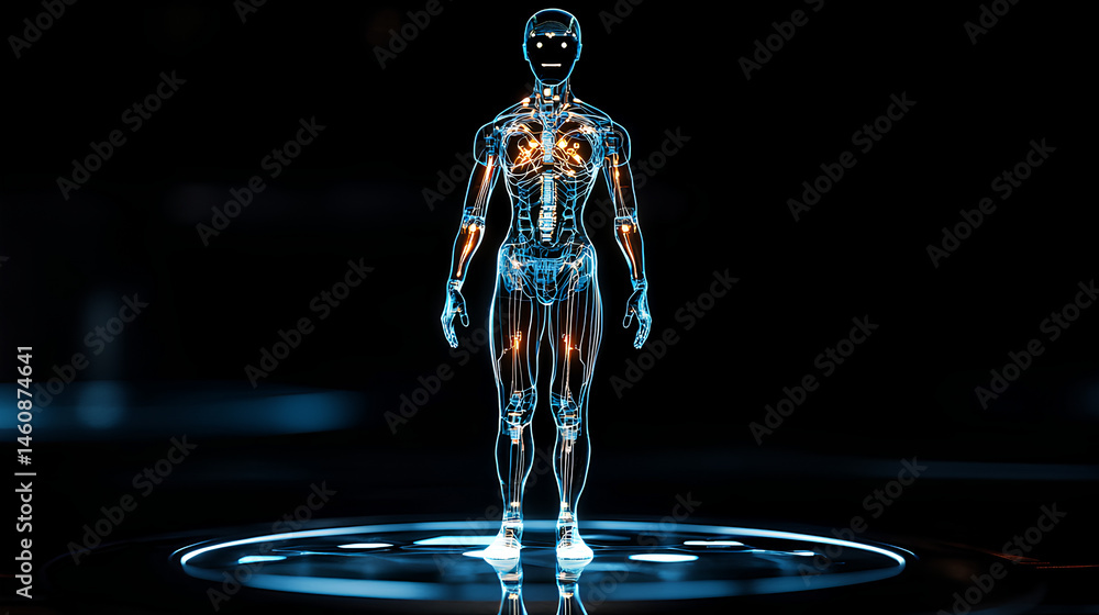 Poster an ai agent hologram symbolizing agentic autonomy for collaboration with the human workforce using a