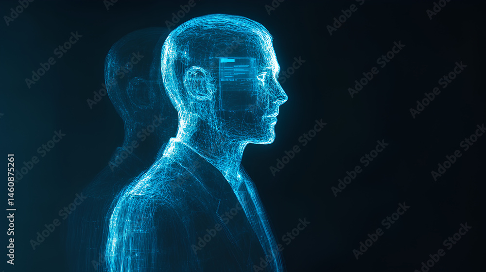 Poster an ai agent hologram symbolizing agentic autonomy for collaboration with the human workforce using a