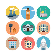 Fototapeta premium Flat Icons Buildings Landmarks Representing Different Purposes Including Industrial Governmental Religious And Residential