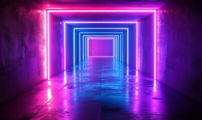 Fototapeta premium Symmetrical neon designs radiating purple and blue light, forming intricate geometric shapes against a dark, modern background, Generative AI