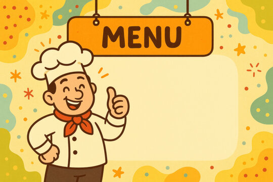 Cartoon character holding menu sign.