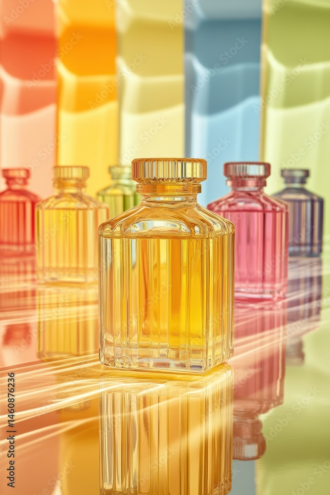 Poster colorful perfume bottles displayed with reflected light on glossy surface in studio setting for beau