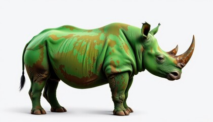 Fototapeta premium create a striking image of an isolated rhino in vibrant emerald tones against a stark white background