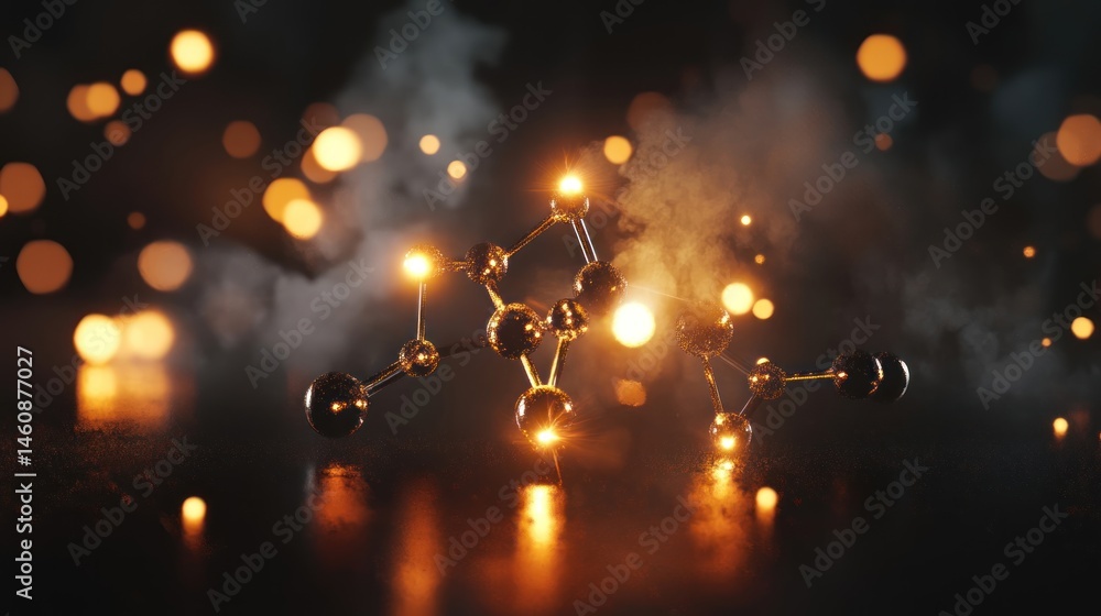 Poster illuminated molecular structure: a 3d render of a glowing molecule against a smoky, bokeh background